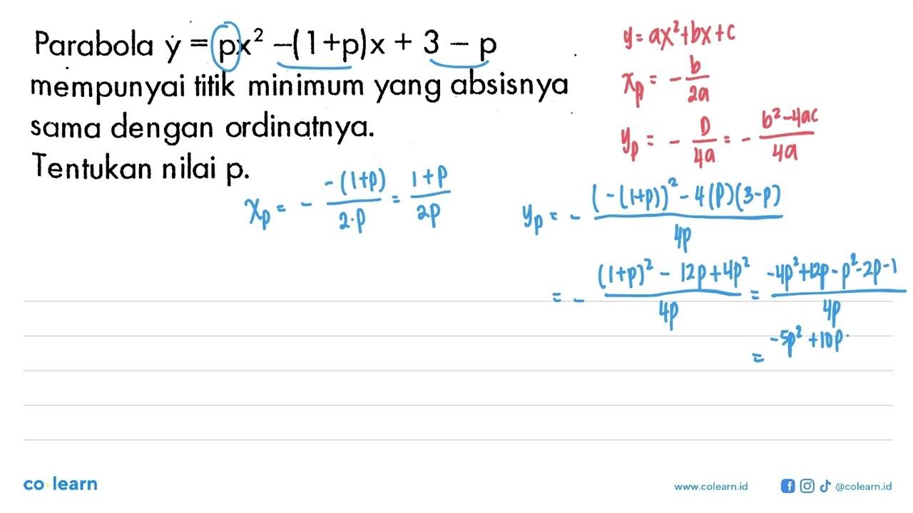 Parabola y=px^2-(1+p)x+3-p mempunyai titik minimum yang