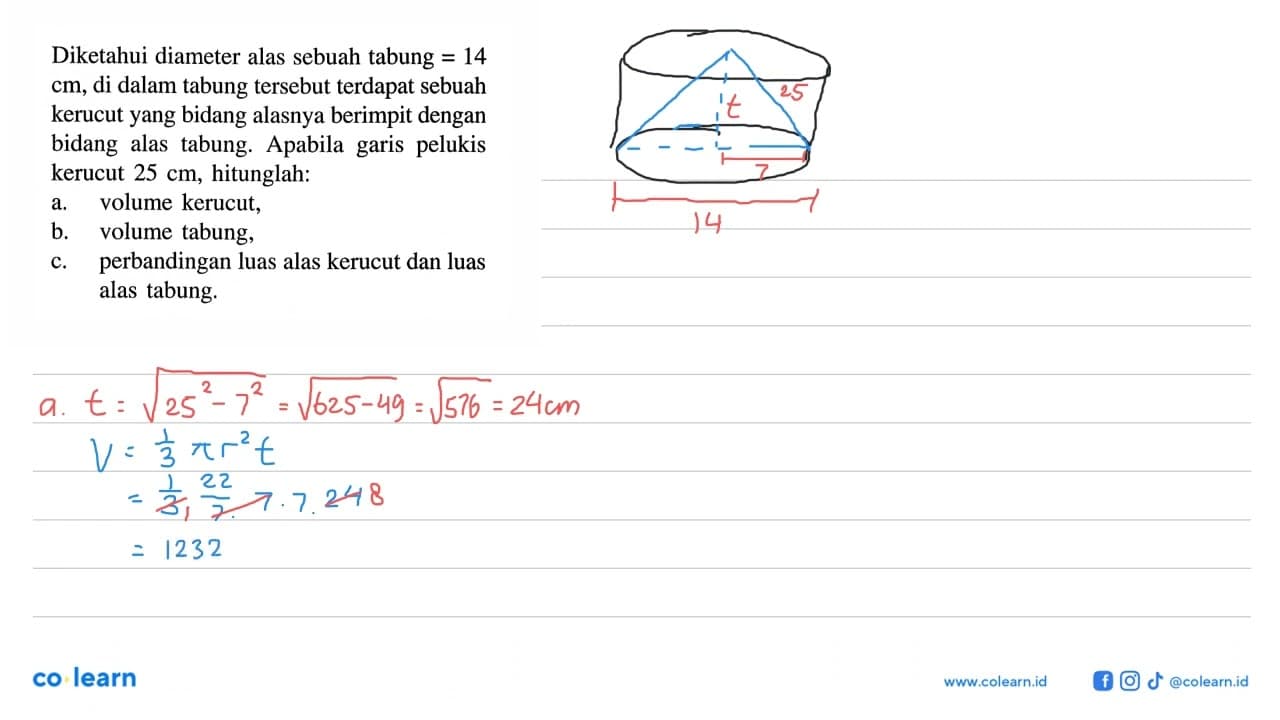 Diketahui diameter alas sebuah tabung=14 cm, di dalam