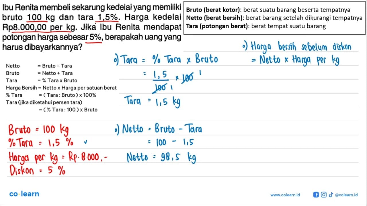 Ibu Renita membeli sekarung kedelai yang memiliki bruto 100