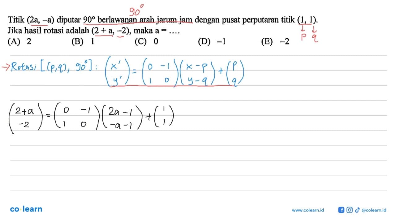 Titik (2a,-a) diputar 90 berlawanan arah jarum jam dengan
