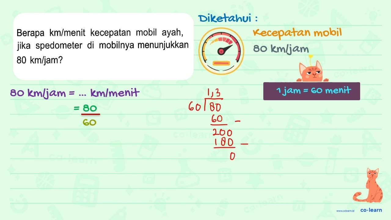 Berapa km/menit kecepatan mobil ayah, jika spedometer di