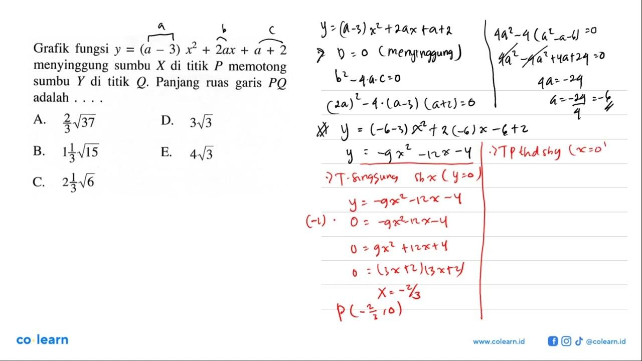 Grafik fungsi y=(a-3) x^2+2ax+a+2 menyinggung sumbu X di