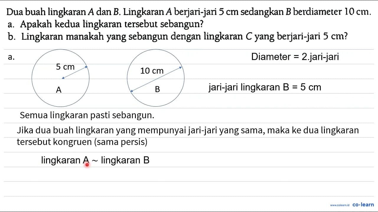 Dua buah lingkaran A dan B. Lingkaran A berjari-jari 5 cm