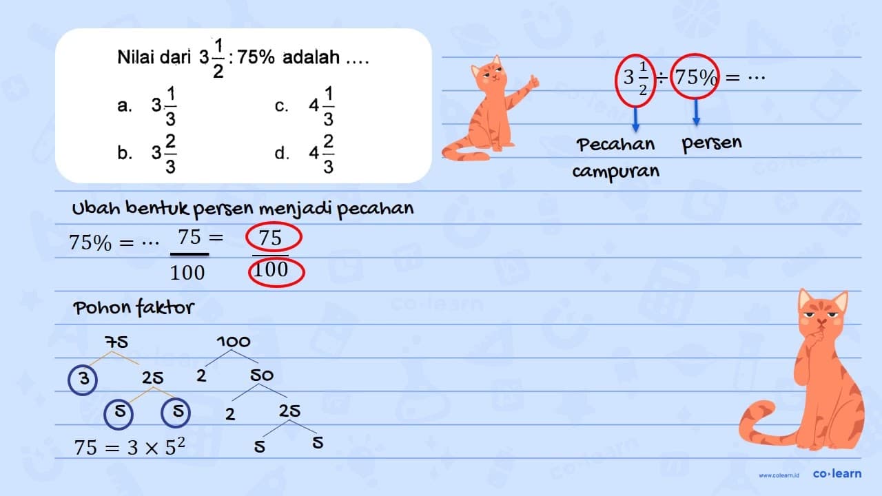 Nilai dari 3 1/2 : 75% adalah....