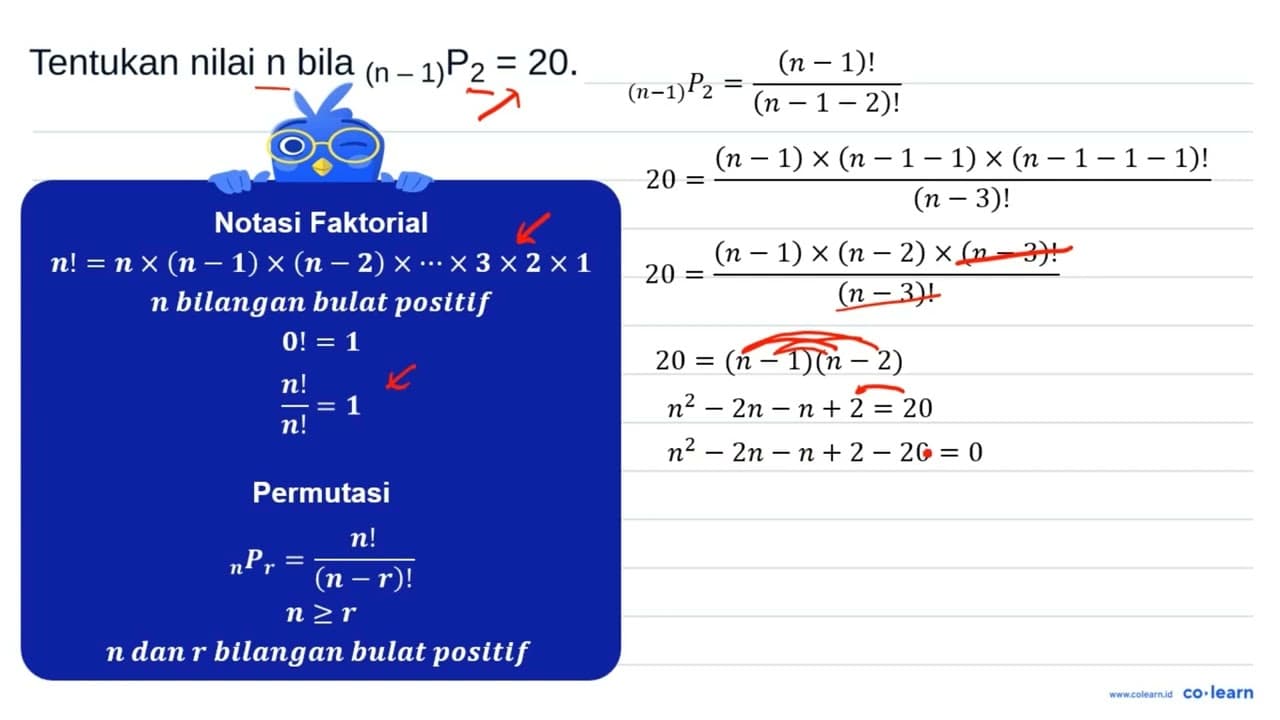 Tentukan nilai n bila (n-1) P 2 = 20.