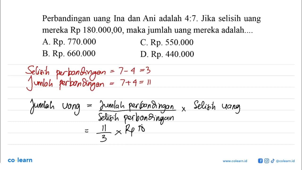 Perbandingan uang Ina dan Ani adalah 4:7. Jika selisih uang