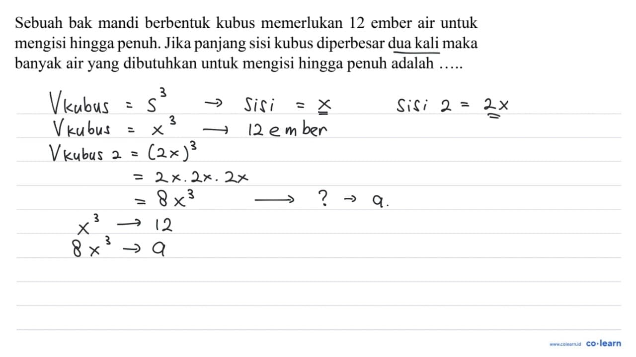 Sebuah bak mandi berbentuk kubus memerlukan 12 ember air