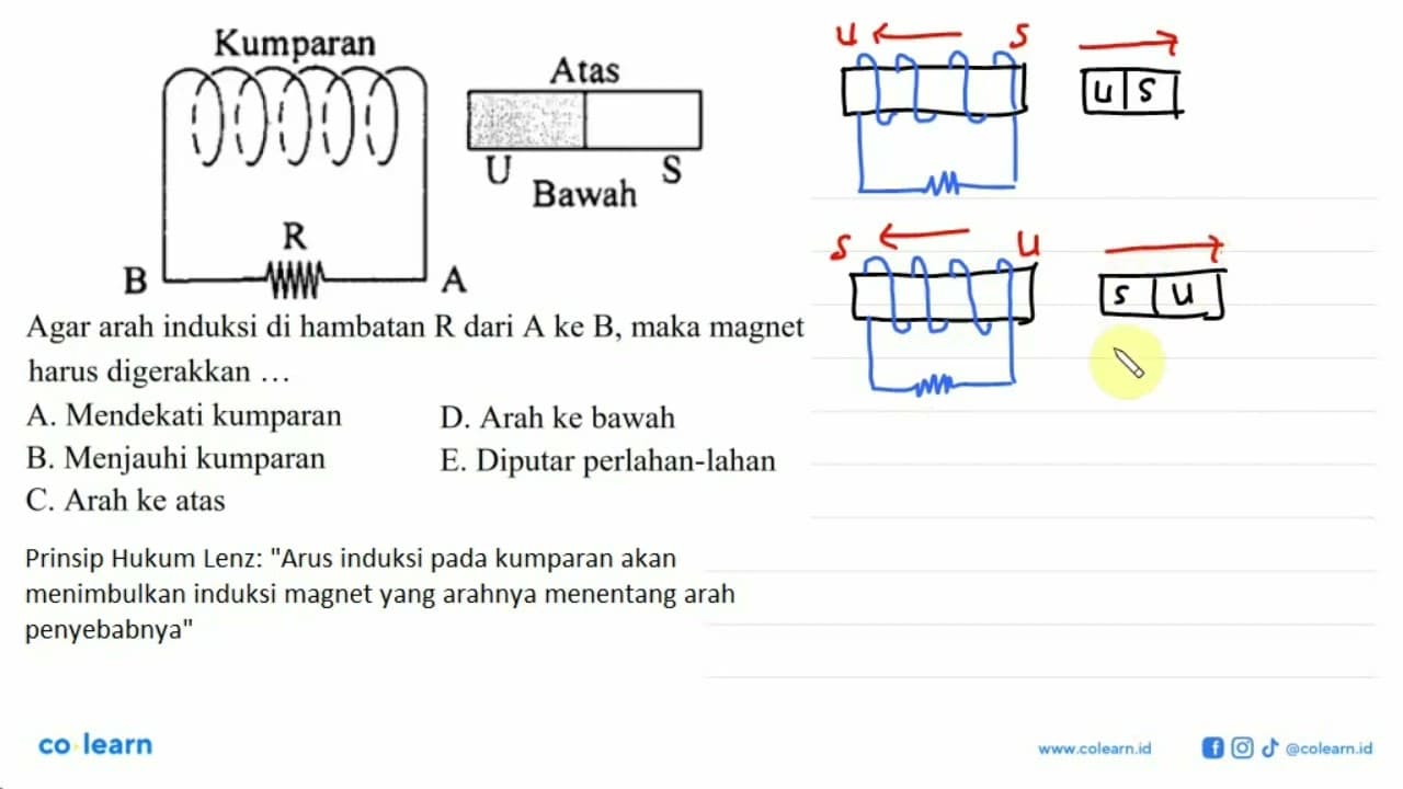 Agar arah induksi di hambatan R dari A ke B, maka magnet