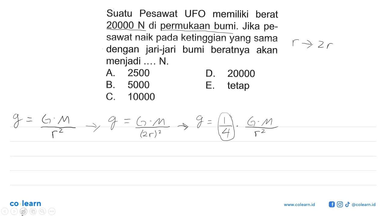 Suatu Pesawat UFO memiliki berat 20000 N di permukaan bumi.