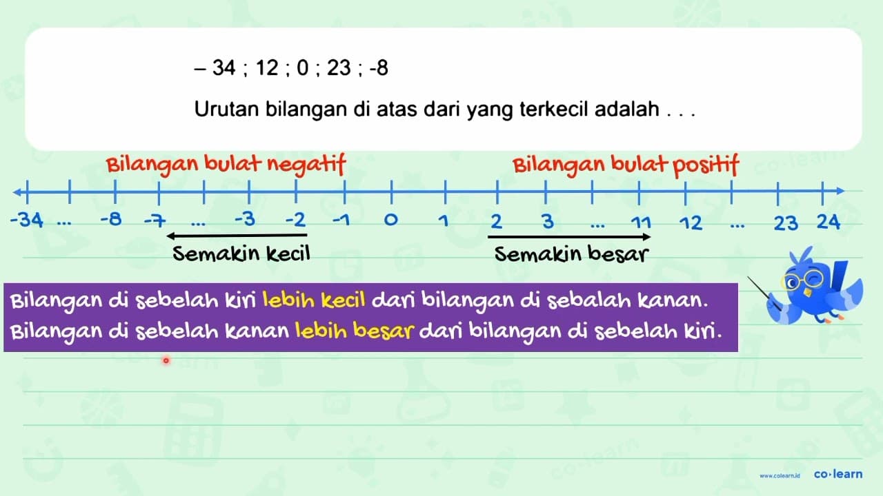 -34 ; 12 ; 0 ; 23 ;-8 Urutan bilangan di atas dari yang