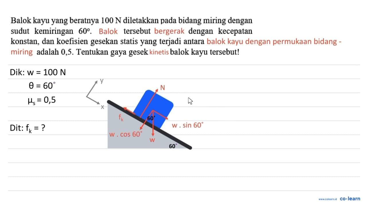 Balok kayu yang beratnya 100 ~N diletakkan pada bidang