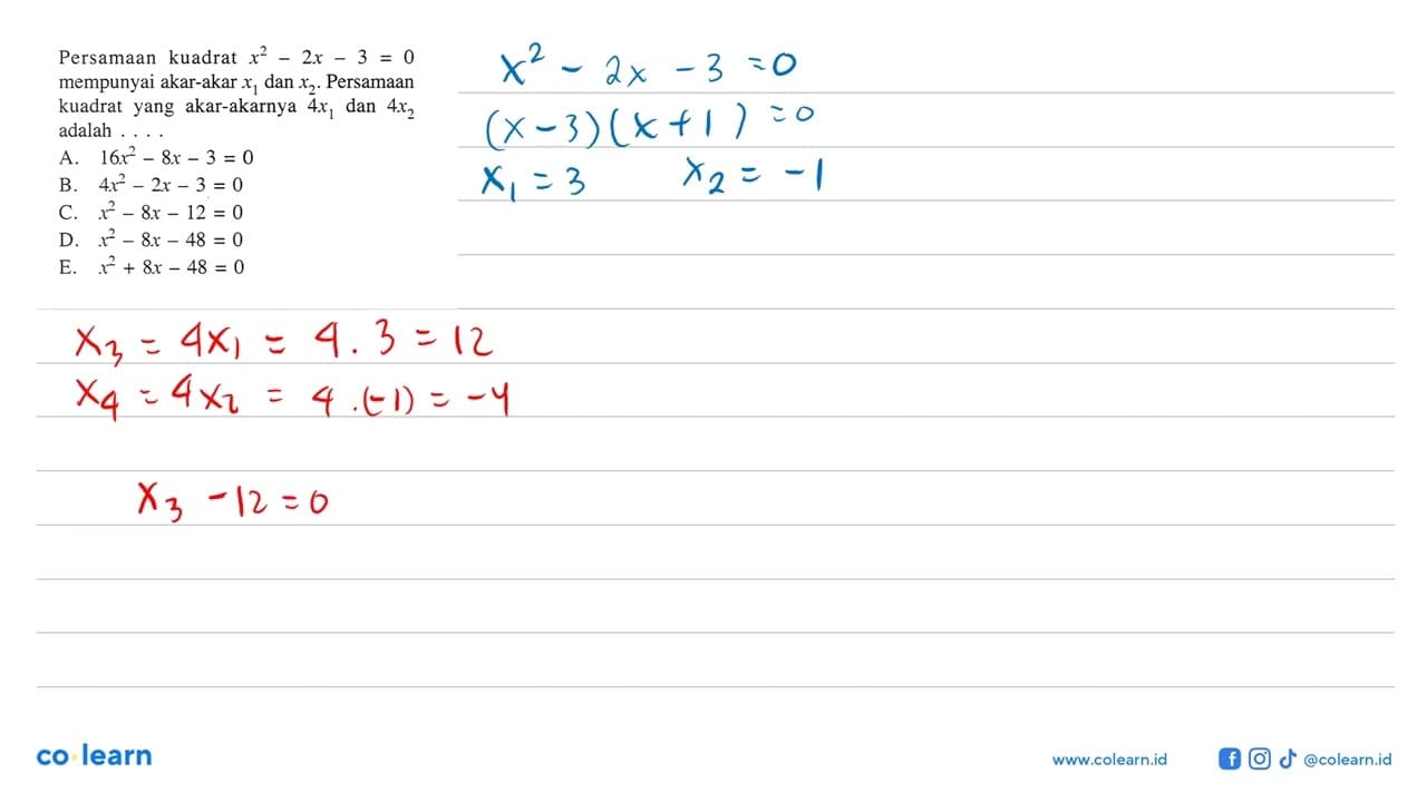 Persamaan kuadrat x^2-2x-3=0 mempunyai akar-akar x1 dan x2.