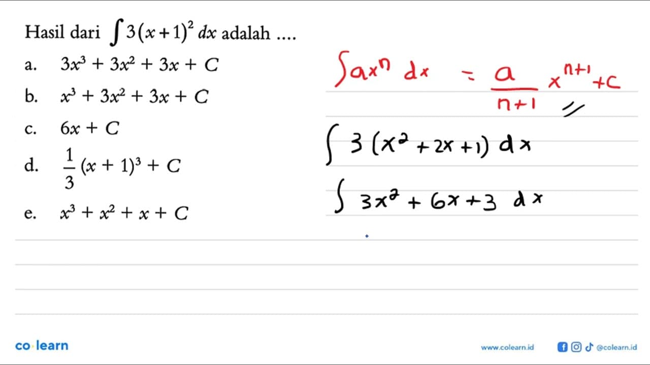 Hasil dari integral 3(x+1)^2 dx adalah....