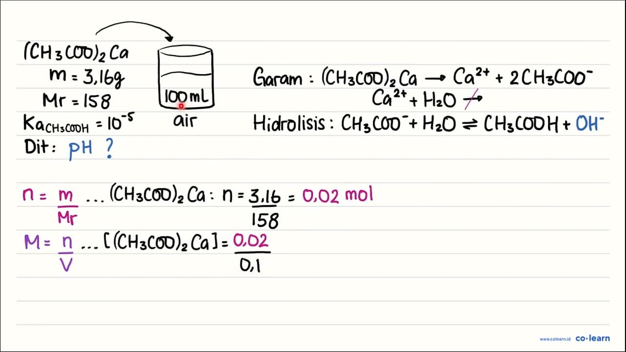 Larutan kalsium asetat (CH2 COO)2 Ca(Mr=158) sebanyak 3,16