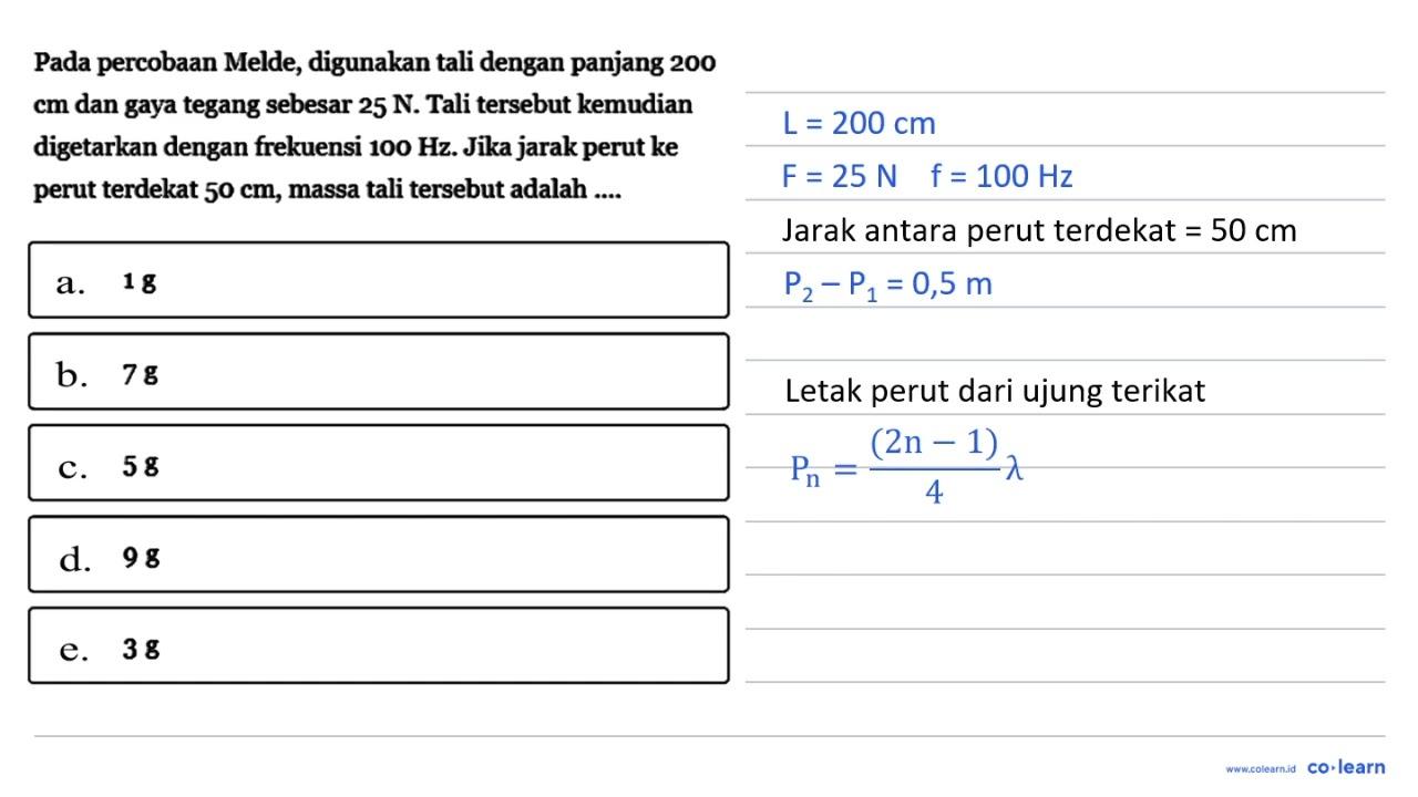 Pada percobaan Melde, digunakan tali dengan panjang 200 cm