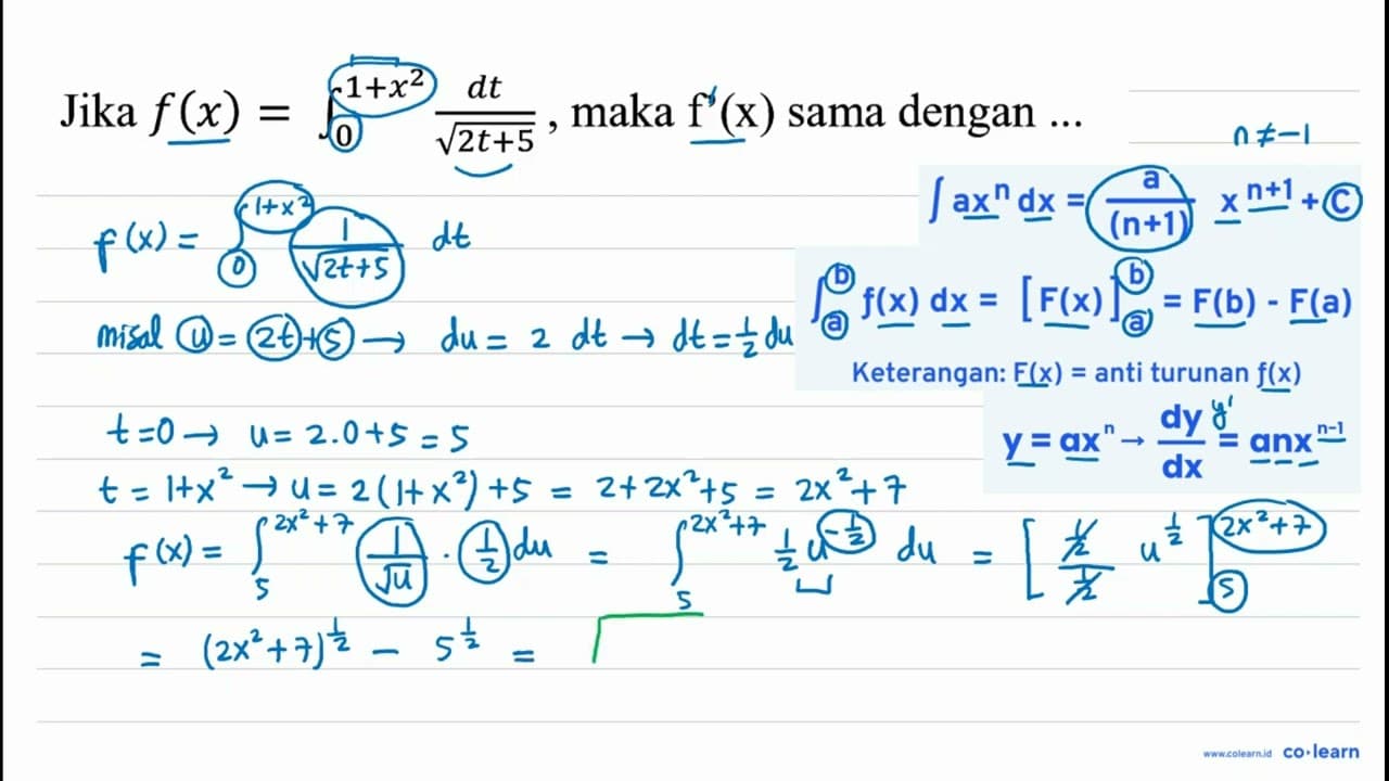 Jika f(x)=integral dari{0)^(1+x^(2)) (d t)/(akar(2 t+5)) ,