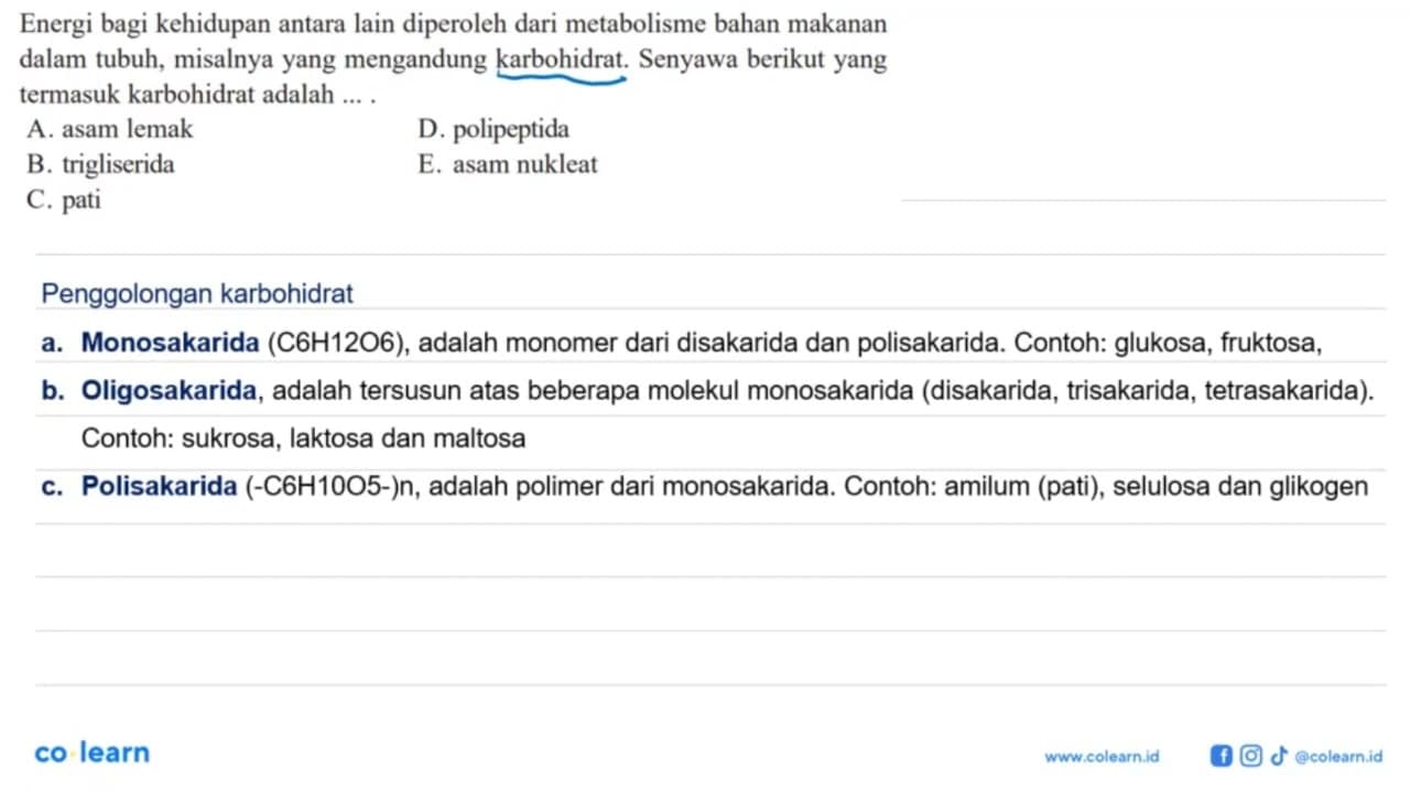 Energi bagi kehidupan antara lain diperoleh dari