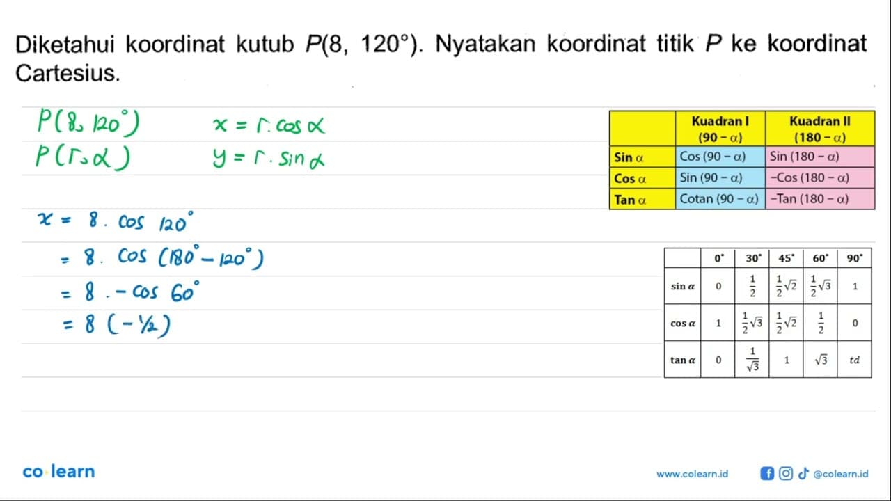 Diketahui koordinat kutub P(8,120). Nyatakan koordinat