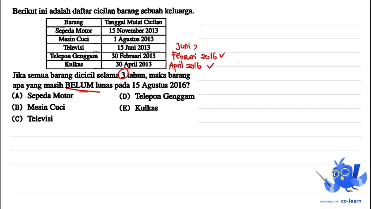 Berikut ini adalah daftar cicilan barang sebuah keluarga.