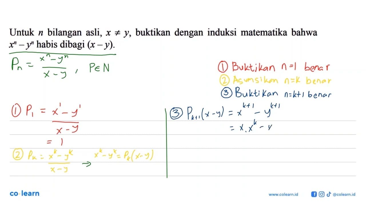 Untuk n bilangan asli, x =/= y, buktikan dengan induksi