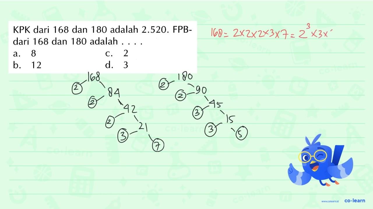 KPK dari 168 dan 180 adalah 2.520. FPB- dari 168 dan 180