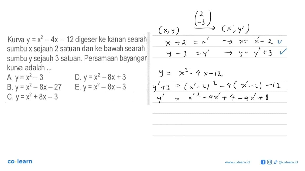 Kurva y=x^2-4x-12 digeser ke kanan searah sumbu x sejauh 2