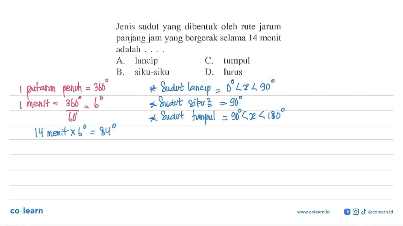 Jenis sudut yang dibentuk oleh rute jarum panjang jam yang