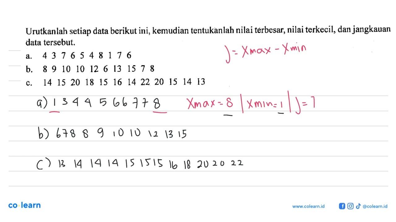 Urutkanlah setiap data berikut ini, kemudian tentukanlah