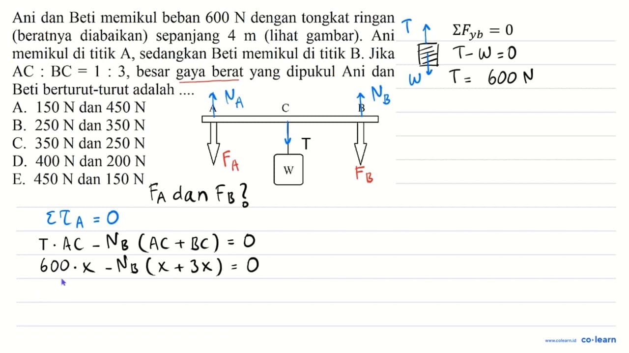 Ani dan Beti memikul beban 600 N dengan tongkat ringan