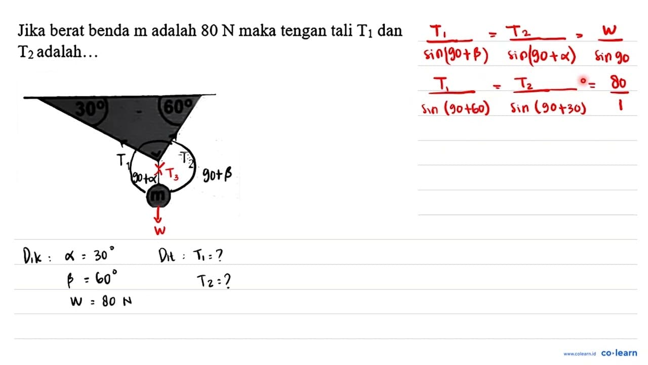 Jika berat benda m adalah 80 N maka tengan tali T_(1) dan