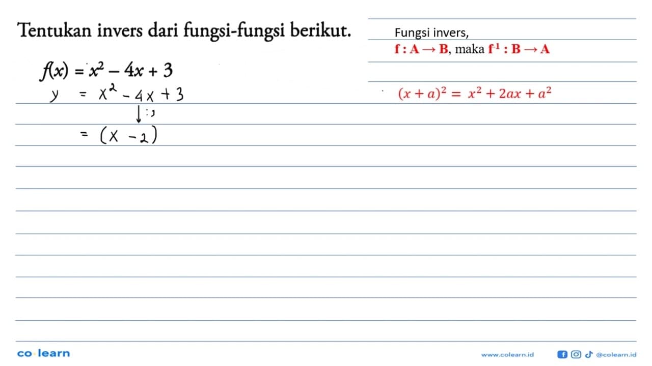 Tentukan invers dari fungsi-fungsi berikut.f(x)=x^2-4x+3