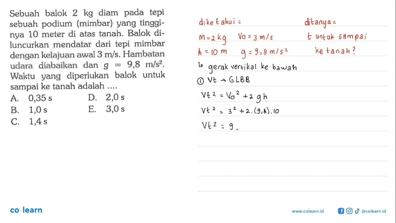 Sebuah balok 2 kg diam pada tepi sebuah podium (mimbar)