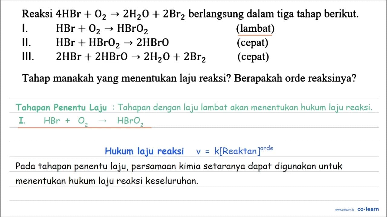 Reaksi 4 HBr+O2 -> 2 H2O+2 Br2 berlangsung dalam tiga tahap