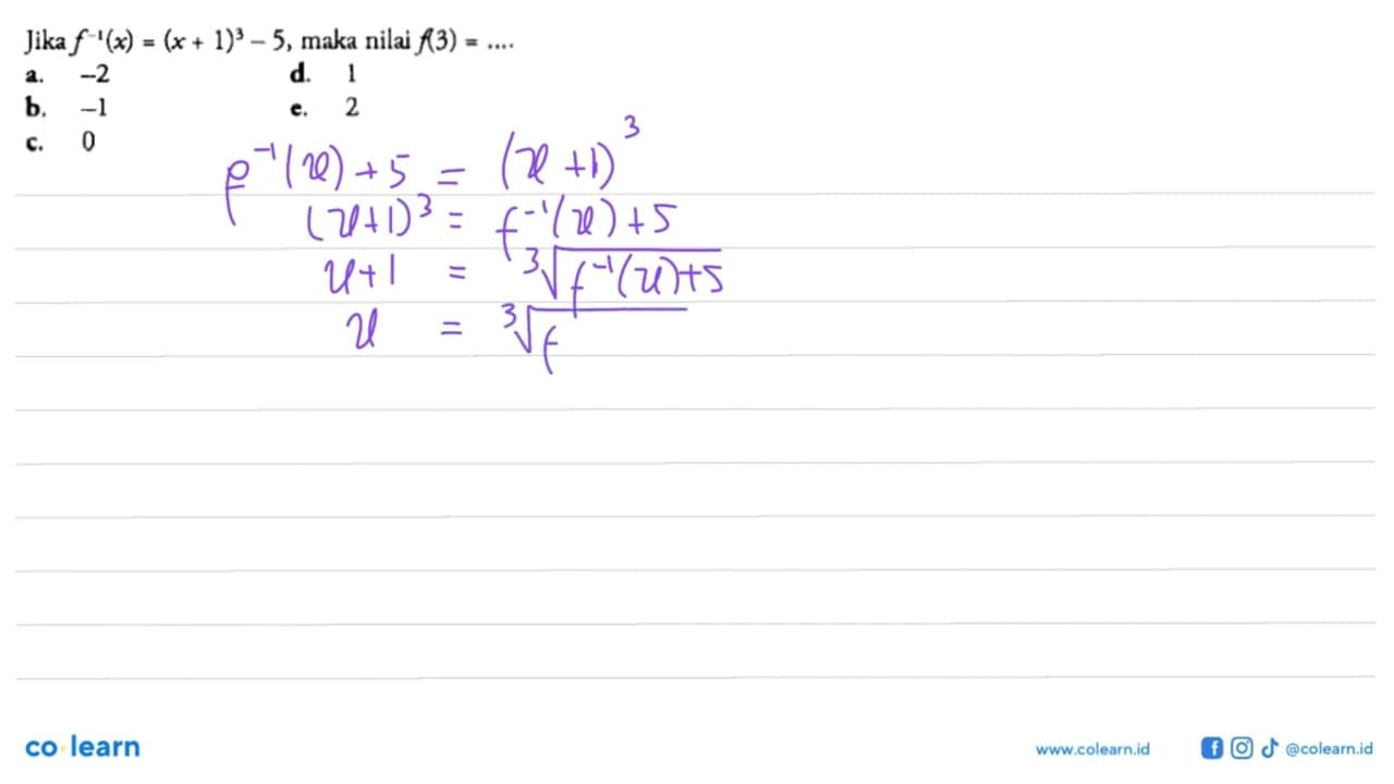 Jika f^-1(x)=(x+1)^3-5, maka nilai f(3)=...