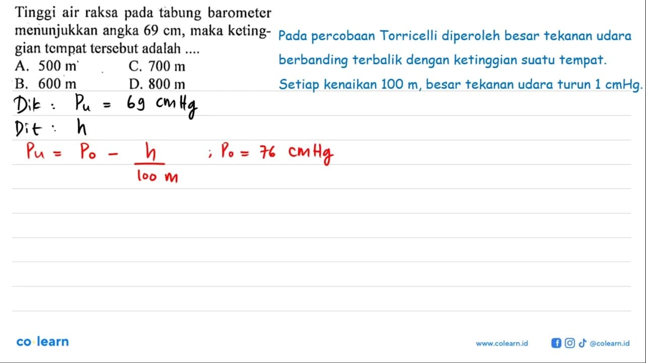 Tinggi air raksa pada tabung barometer menunjukkan angka 69