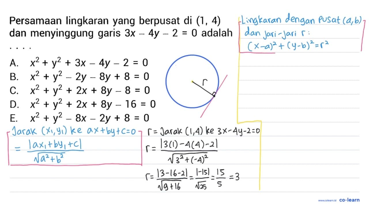 Persamaan lingkaran yang berpusat di (1, 4) dan menyinggung