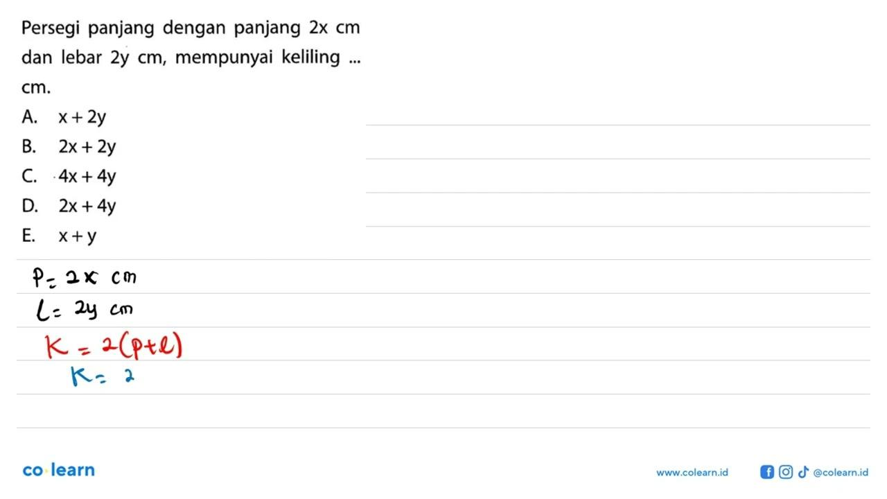 Persegi panjang dengan panjang 2x cm dan lebar 2y cm,