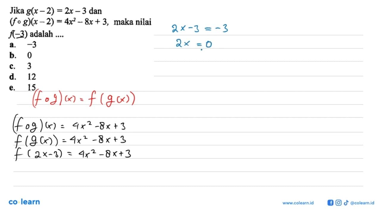 Jika g(x-2)=2x-3 dan (fog)(x-2)=4x^2-8x+3, maka nilai f(-3)