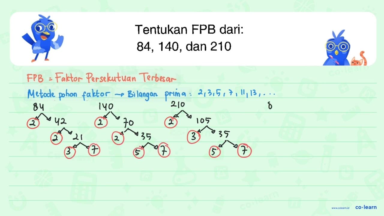 Tentukan FPB dari: 84, 140, dan 210