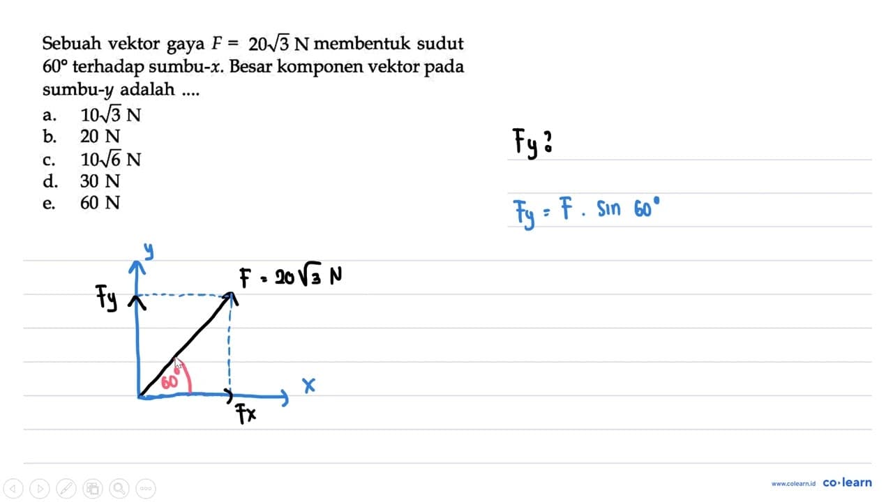 Sebuah vektor gaya F = 20 akar(3) N membentuk sudut 60