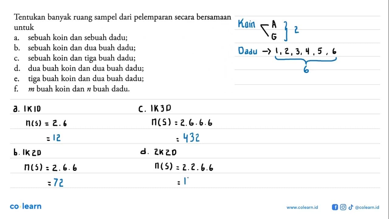 Tentukan banyak ruang sampel dari pelemparan secara