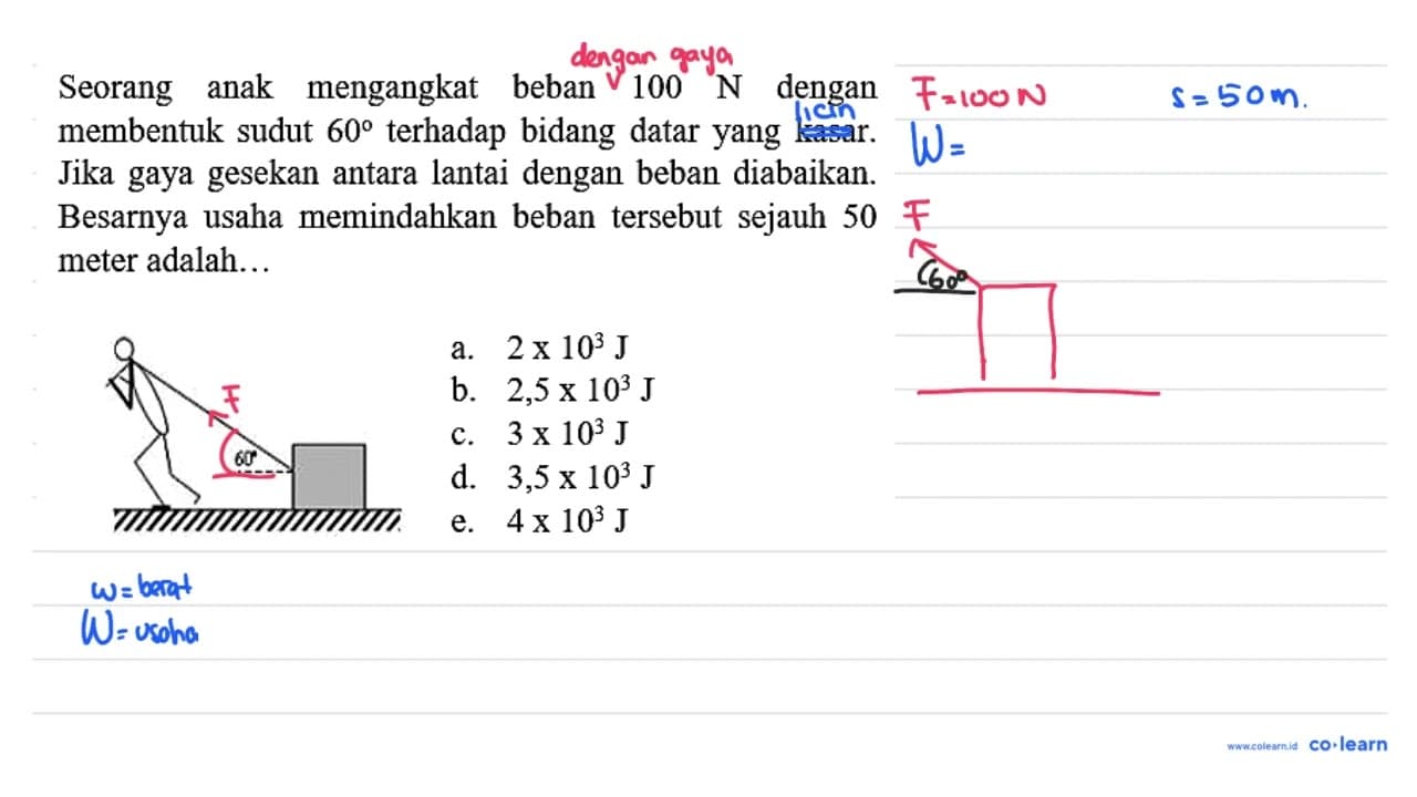 Seorang anak mengangkat beban 100 ~N dengan membentuk sudut