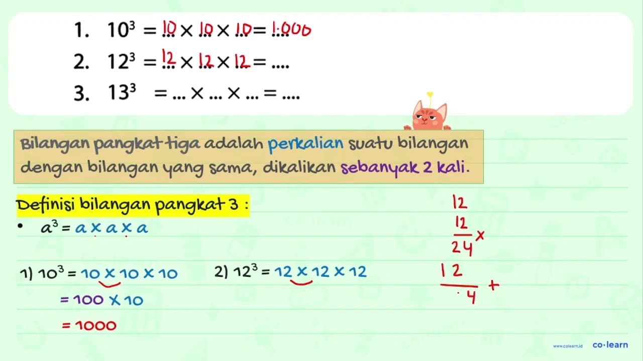 1. 10^(3)=... x ... x ...=... 2. 12^(3)=... x ... x ...=...