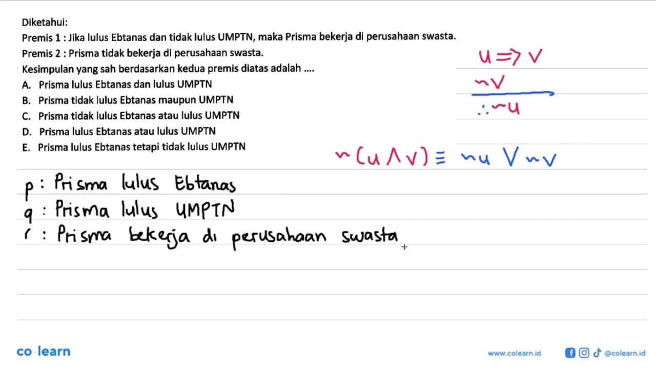 Diketahui: Premis 1 : Jika lulus Ebtanas dan tidak lulus