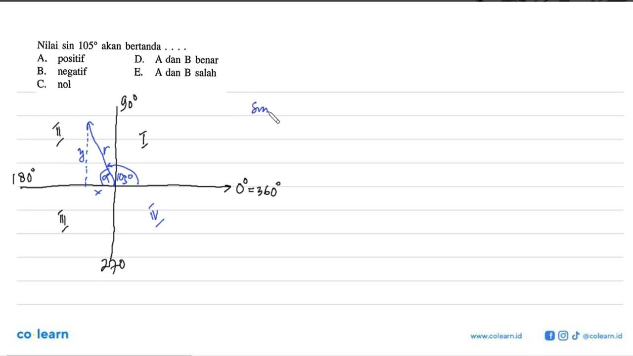 Nilai sin 105 akan bertanda .... A. positif D. A dan B
