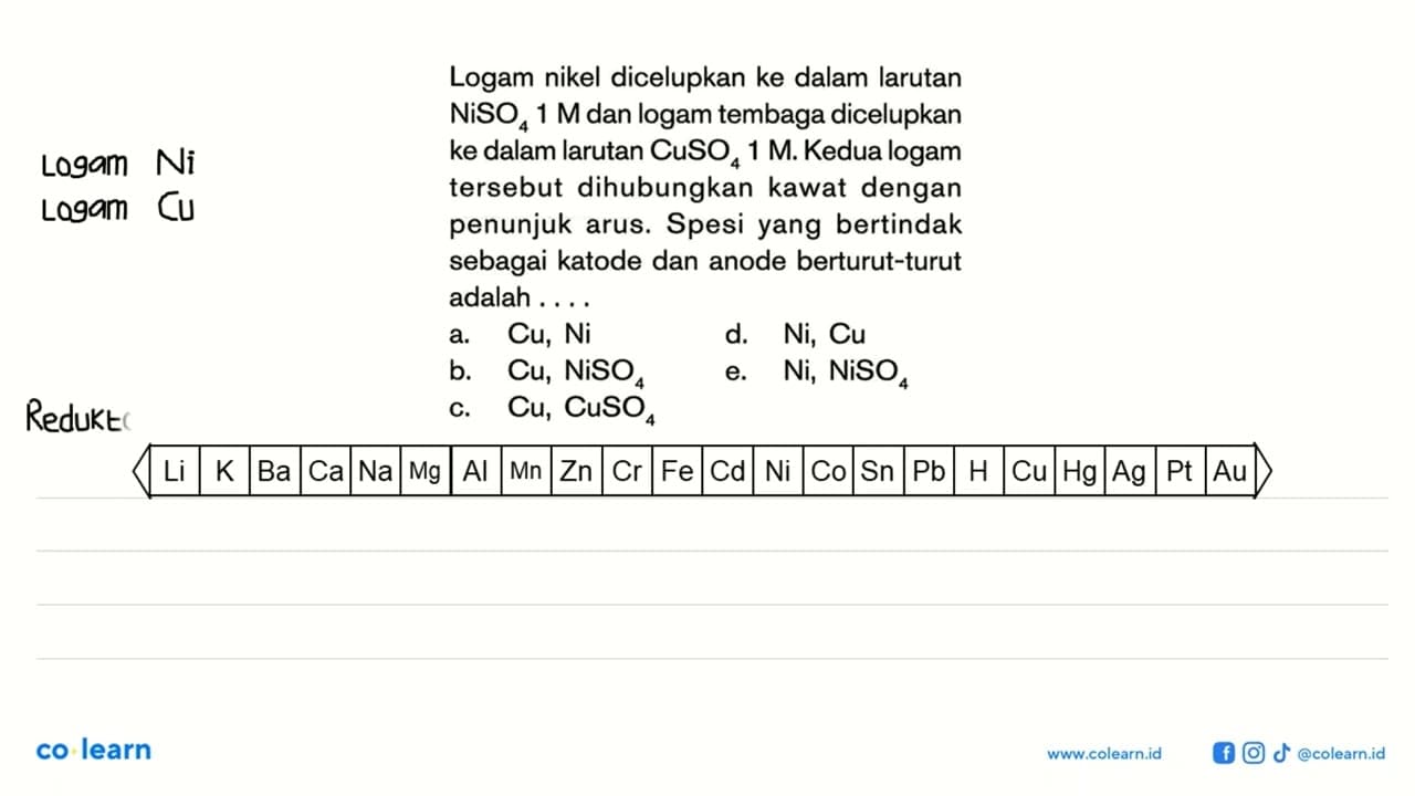 Logam nikel dicelupkan ke dalam larutan NiSO4 1 M dan logam