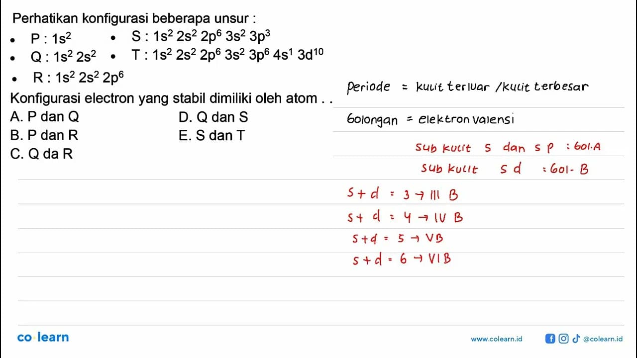 Perhatikan konfigurasi beberapa unsur:- P: 1s^2 - S: 1s^2