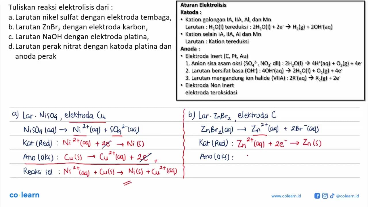 Tulis reaksi elektrolisis dari a. larutan nikel sulfat