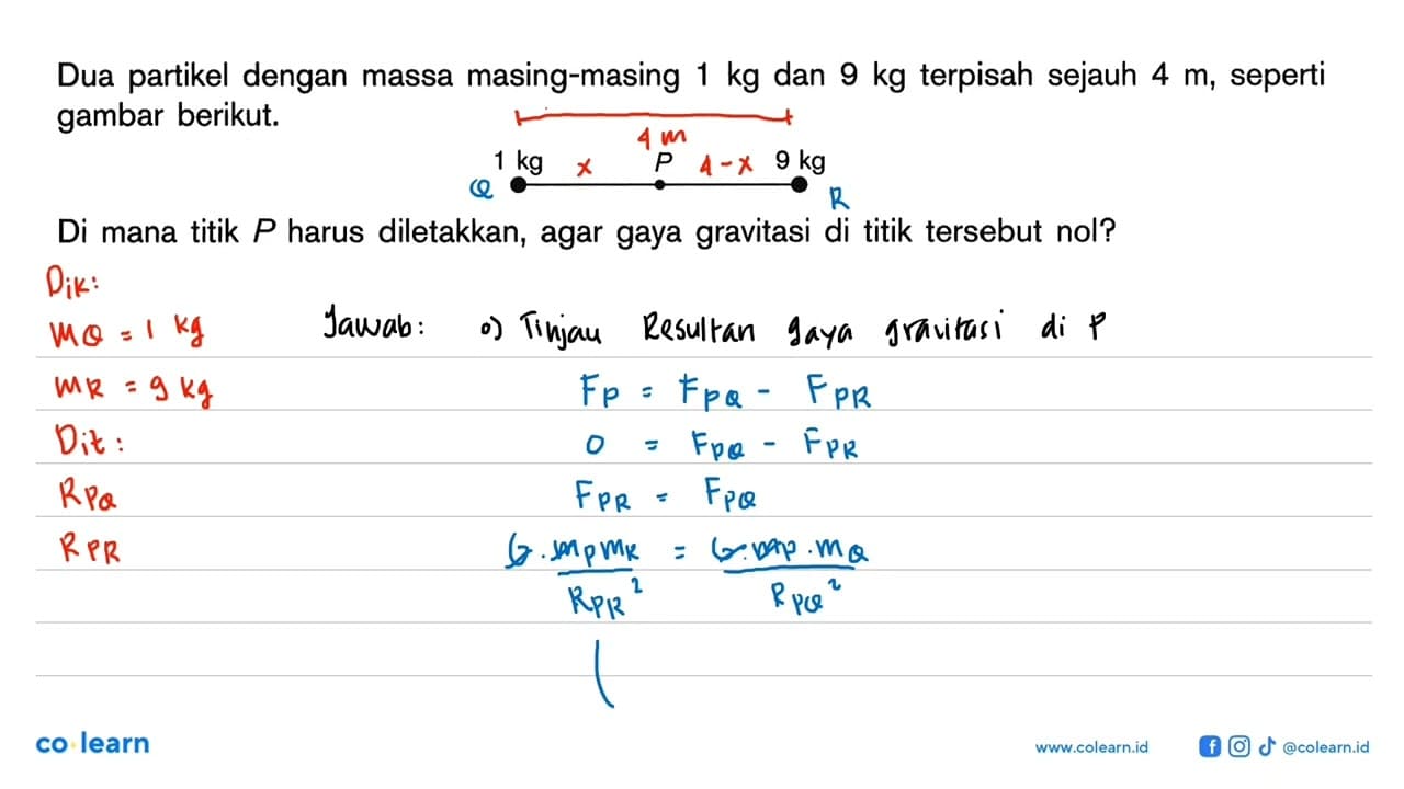 Dua partikel dengan massa masing-masing 1 kg dan 9 kg