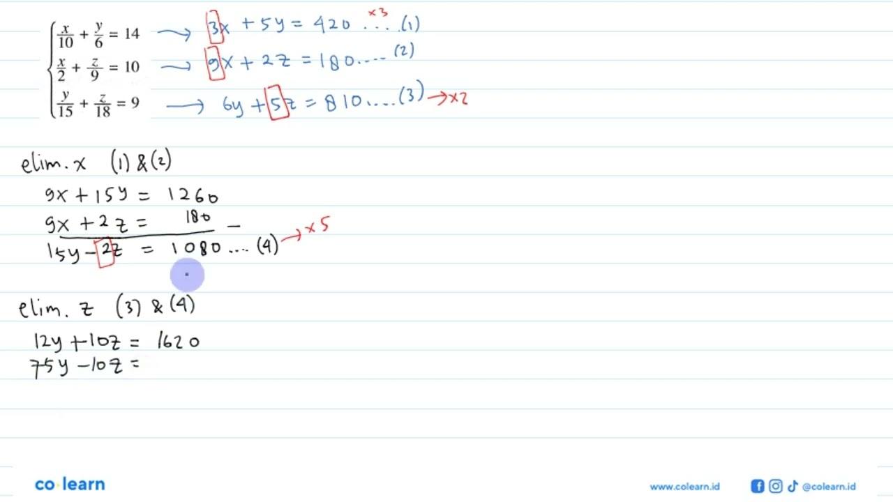 x/10+y/6=14 x/2+z/9=10 y/15+z/18=9